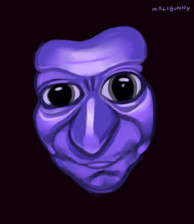 Digital drawing of the blue Oni from Ao Oni. It is a giant head with big eyes and mouth staring directly at the viewer