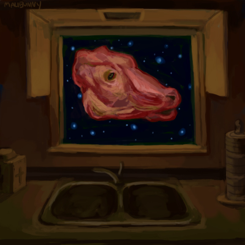 Digital painting of a scene at night showing a sink and kitchen counter. There is a window over the sink that is open, and a skinned cow head floats in it with stars twinkling behind it