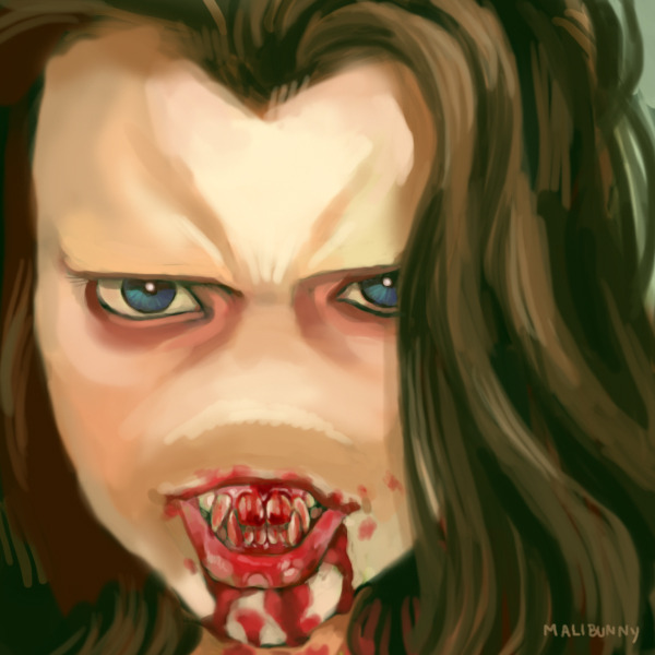 Digital painting of a person with long hair and a hard brow glowering at the viewer with huge thick teeth