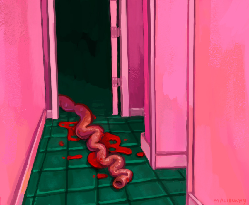 Digital painting of a pink hallway with a long intestine trailing out the door