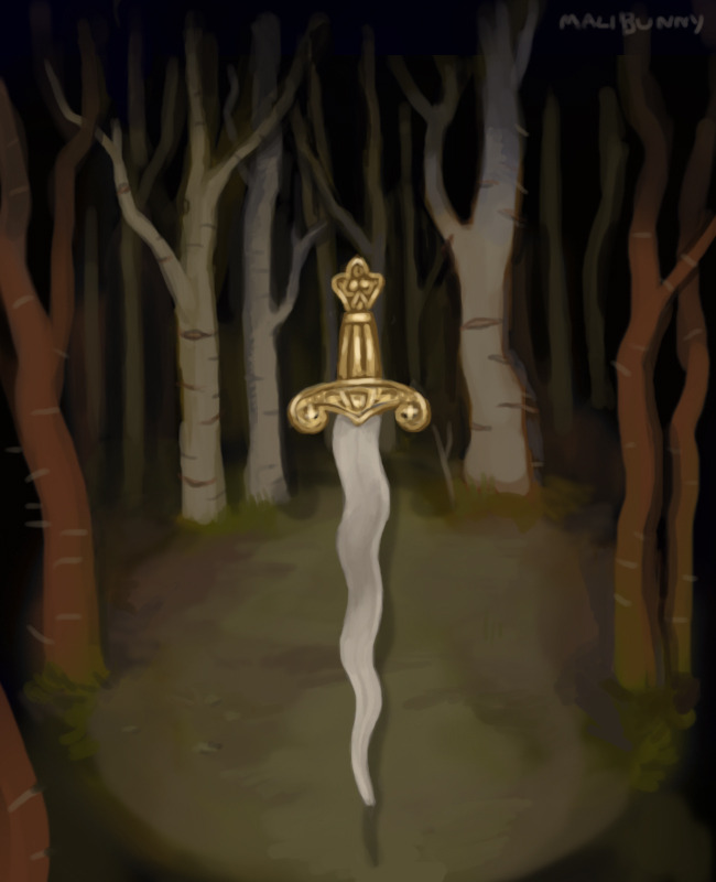 Digital painting of a sword hovering in the air in the forest at night