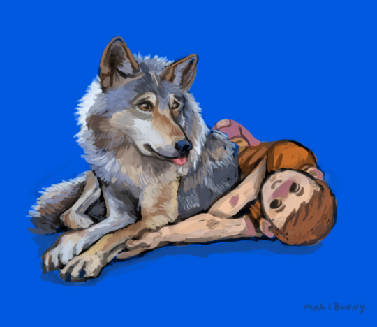 Digital painting of a boy and a wolf sitting next to each other comfortably
