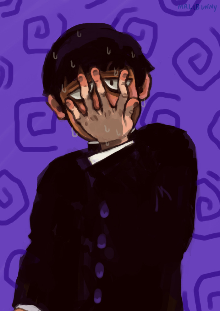 Digital painting of Mob from Mob Psycho 100. He is an anime character who is a middle school boy wearing a black school uniform and covering his face with his eyes. He also has a black bowl cut