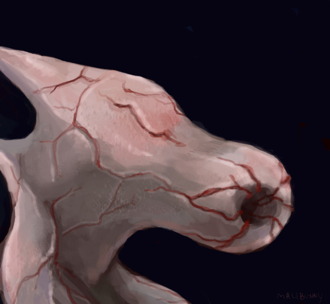 Digital painting of a Numb creature from Silent Hill. It resembles a hammer but covered with flesh and with a torso and legs rather than a handle.