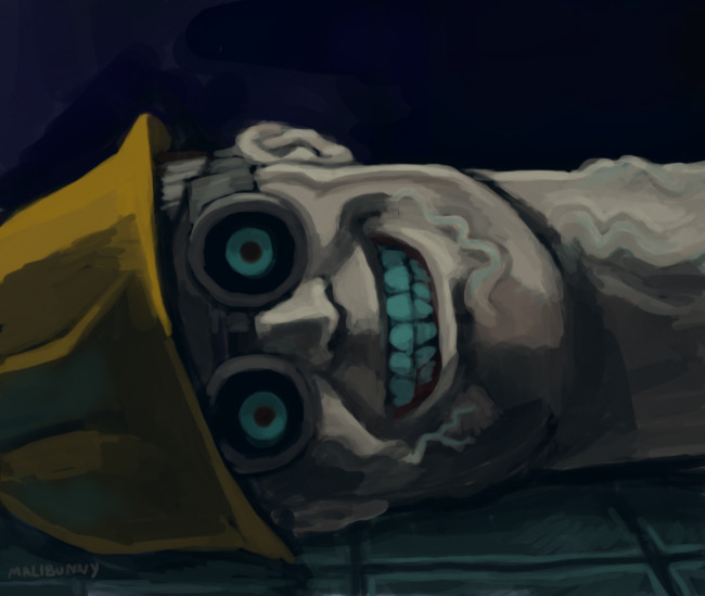Digital painting of Engineer from TF2 with a neck that is much too long. He is lying on his side but only his head and very long neck is visible