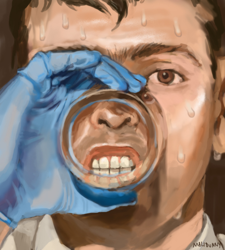 Digital painting of a man drinking a glass of water while wearing blue gloves