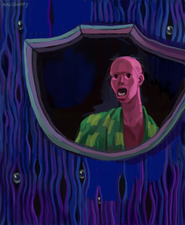 Digital painting of a creepy bright pink monster in a shawl standing in front of a mirror with its mouth open