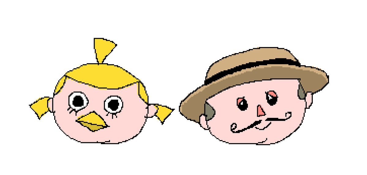 Pixel doodles of my animal crossing mayors: one with yellow hair and a beak, the other with a mustache and dark curly hair