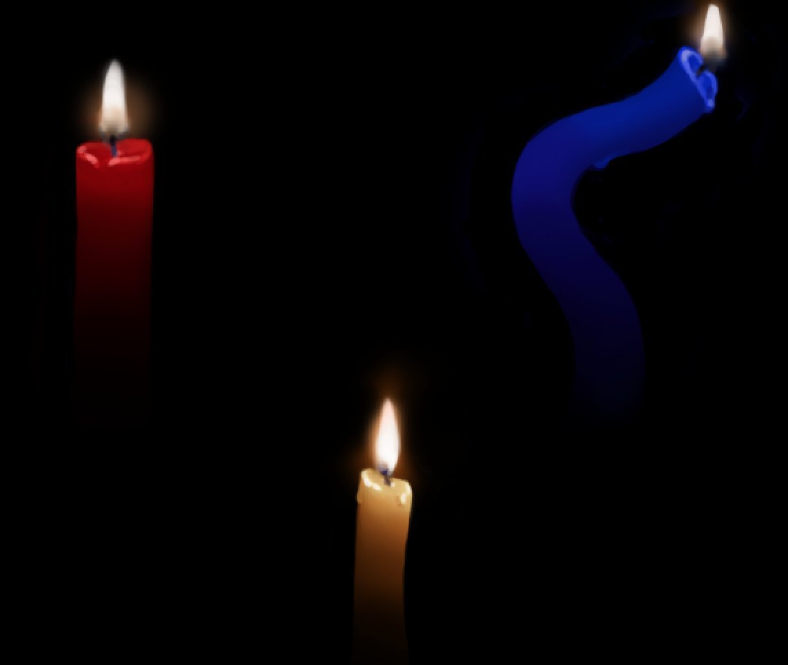 Digital painting of several lit candles on a black background