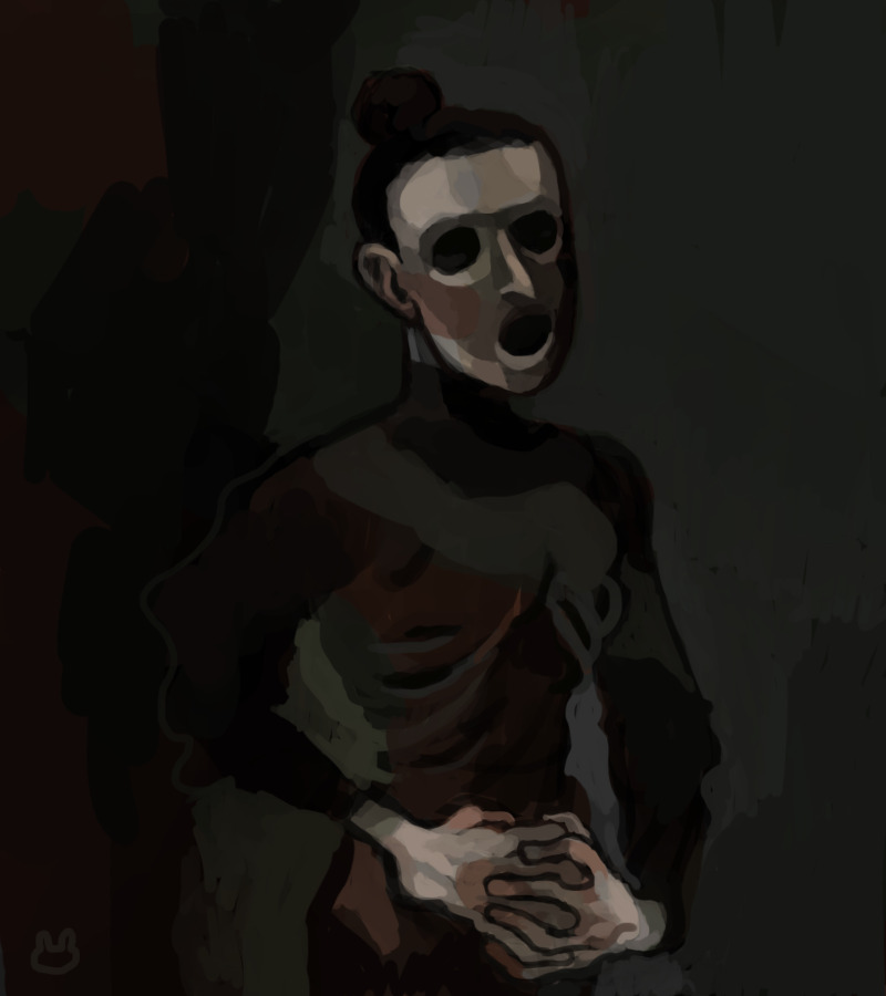 Digital painting a ghost woman with hollow eyes and hands clasped together. She has pale skin and dark hair in a bun.