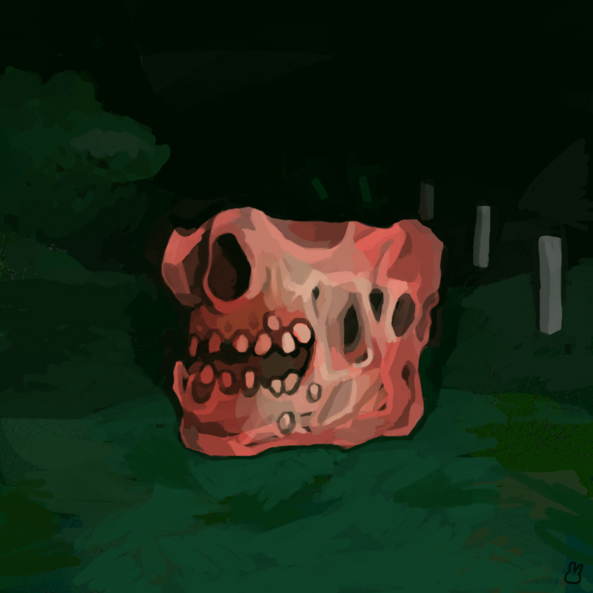 Digital painting of a huge pink and red fleshy skull with only the bottom half of the face there sitting on grass in the dark