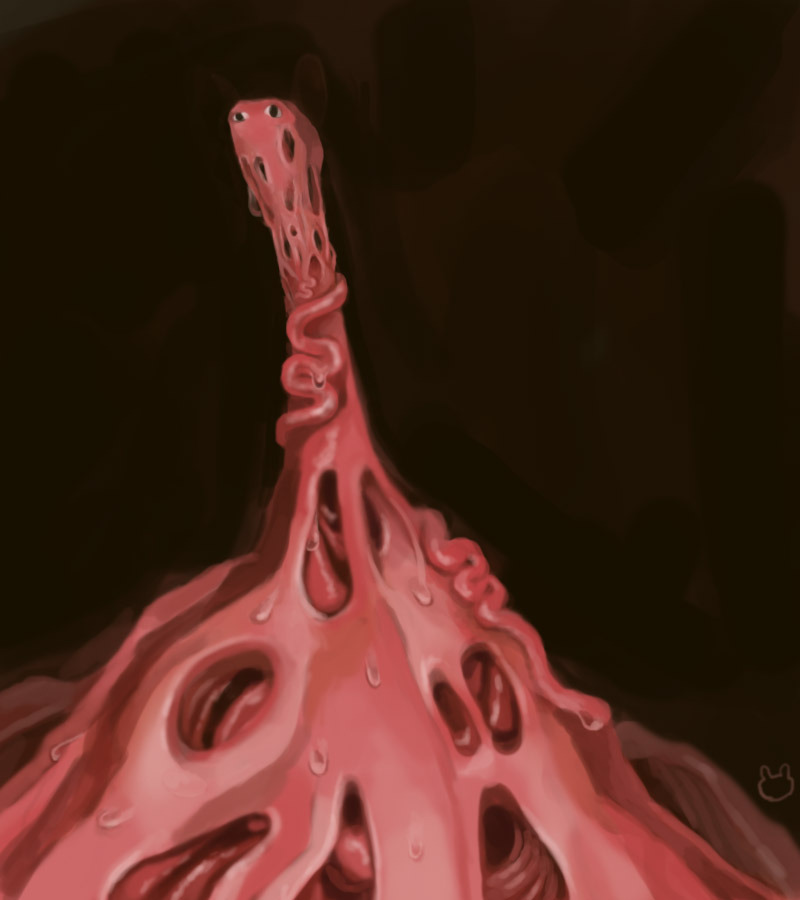 Digital painting of a mass of flesh on a dark background with many holes in it and a head stretching up toward the top of the page on a long neck. It has a mostly featureless head except for eyes