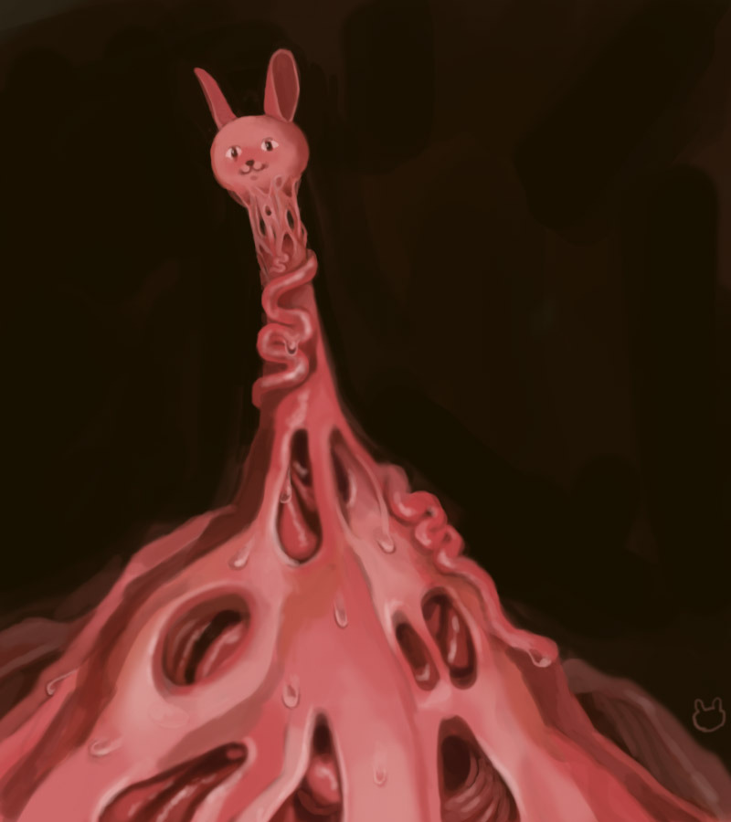 Digital painting of a mass of flesh on a dark background with many holes in it and a head stretching up toward the top of the page on a long neck. It has a bunny head