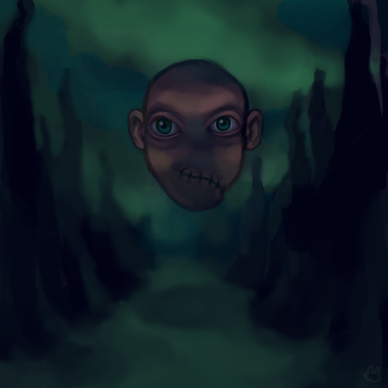 Digital painting of a giant floating head with no mouth and a big scar on its face floating above a greenish barren landscape with spires to the right and left.