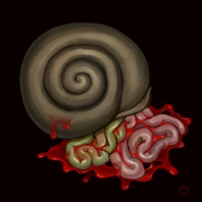 Ditial painting of a brown snail shell with intestines and blood spilling out of it onto the ground.