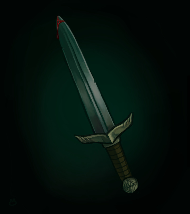 Digital painting  a sword on a dark green background with one drip of blood on the tip