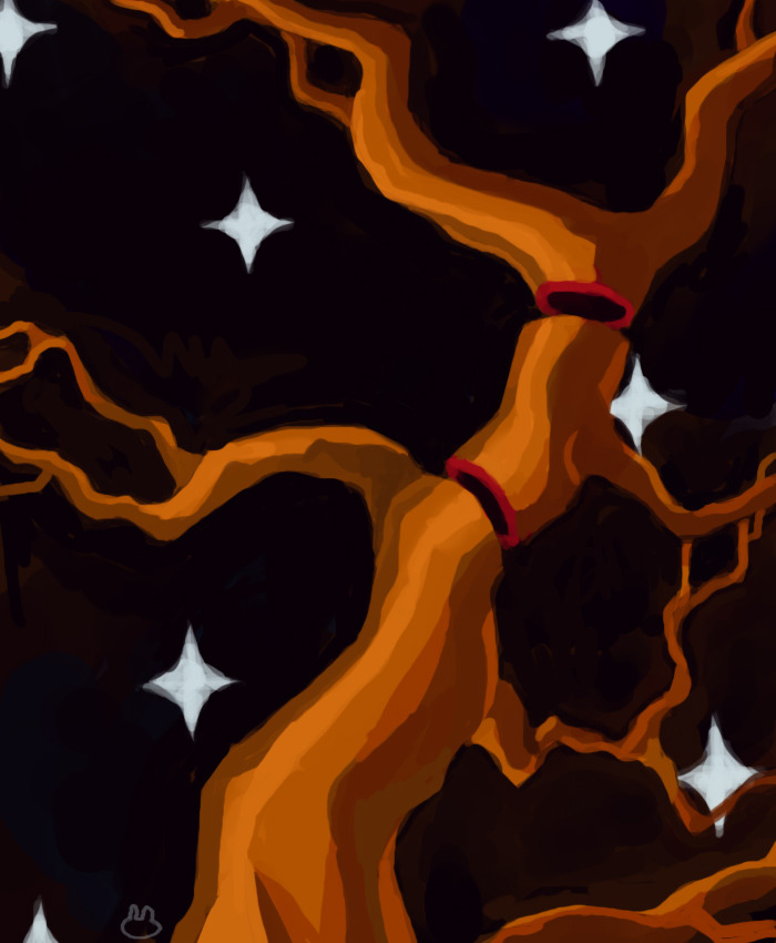 Digital painting of a simple brown tree with no leaves. The branches are cut in cross-sections but still floating in the air