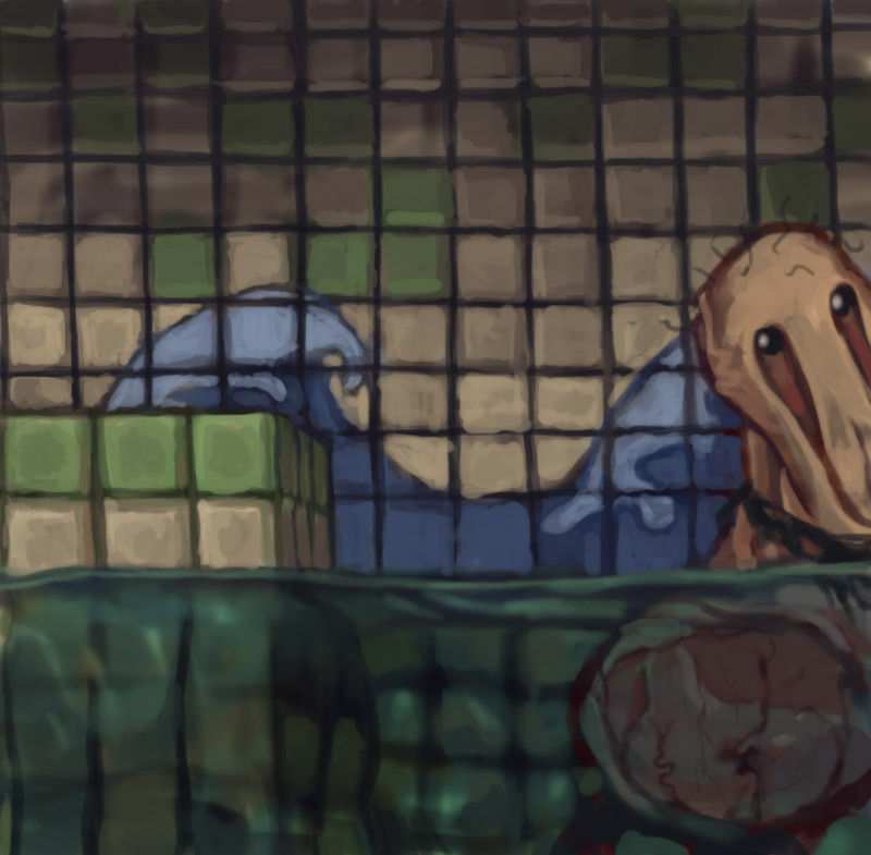 Digital drawing of a Joy Mutant from LISA the Painful named Beady. It is fleshy and humanoid, but has no mouth, just two beady black eyes, and it is standing in shallow water inside what looks like a public pool/bath house