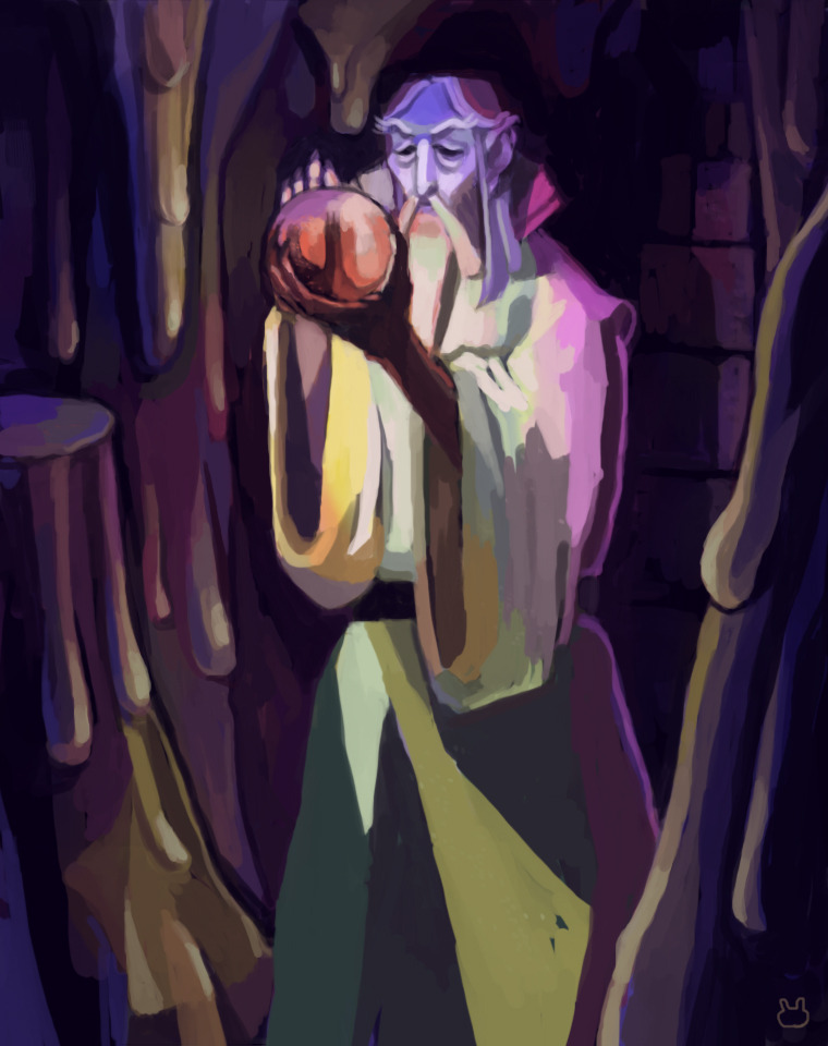 Digital painting of the wizard Saruman from Lord of the Rings. The colors of the image are rainbow-y and he is in some kind of cave with stalactites and stalagmites 