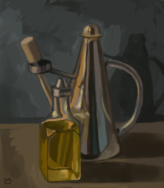 Digital painting of a still-life of kitchen items including a bottle of olive oil, and a shiny metal pitcher thing