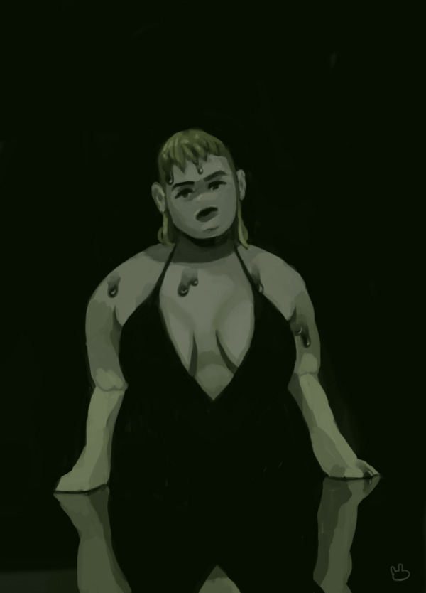 Digital painting of my OC Acid who is wearing a black dress and standing in a dark lake