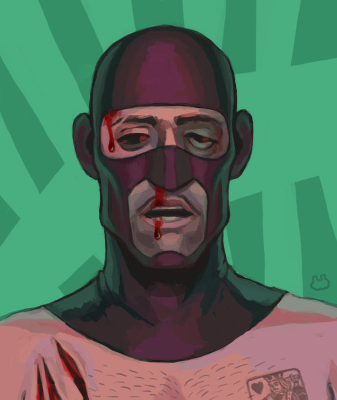 Digital drawing of TF2 Spy with no shirt on but his mask still on. His face is bloody and he has cuts on his chest, and a mustache