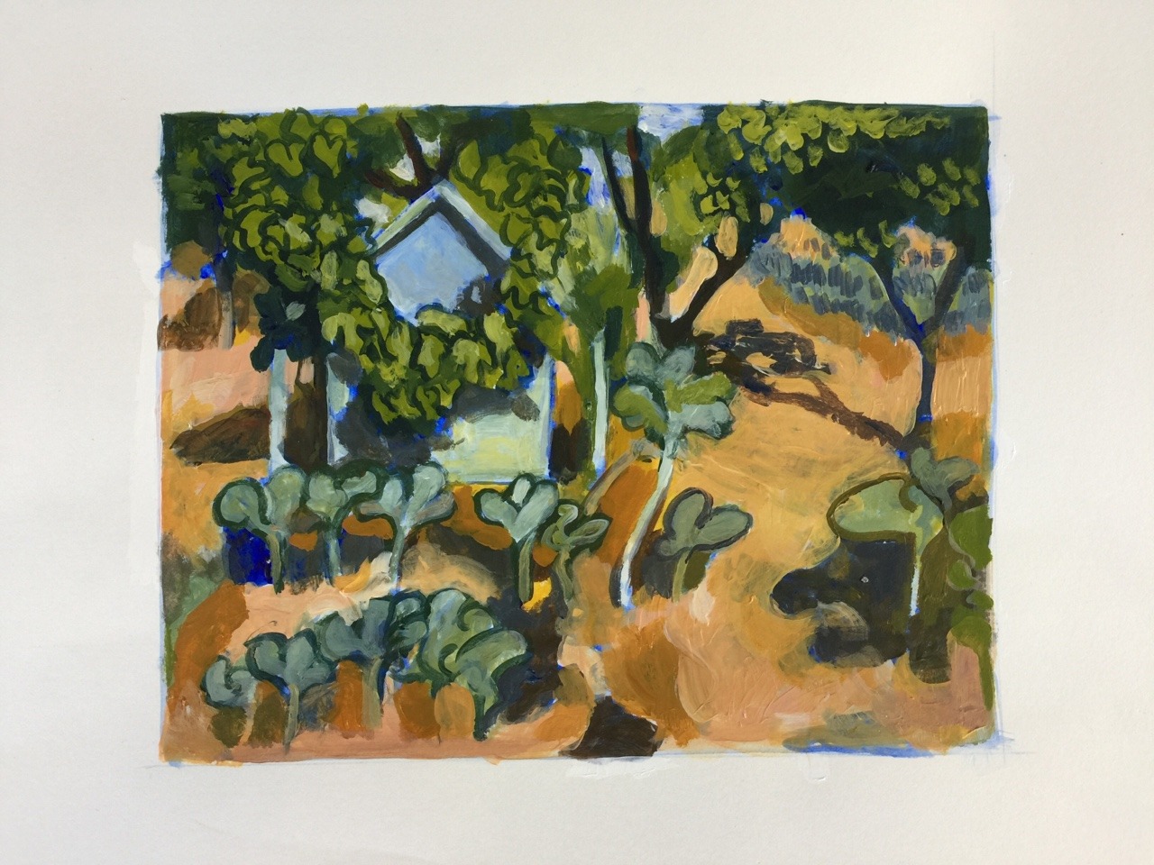 Photo of a sketchbook page with a painted scene of a lush garden and a shed