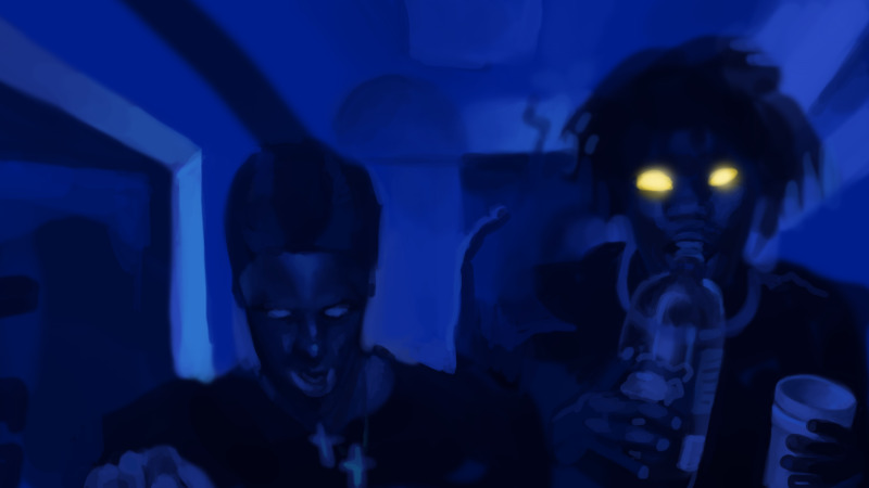 Digital monochromatic blue drawing of musical artist Comethazine and another young man standing in a dark kitchen holding Sprite and white styrofoam cups. Their eyes are both pupil-less and glowing