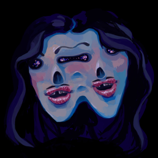 Digital painting of a conjoined face of someone with long hair and overfilled lips, skeletal nose, and missing front tooth with glittering eyes