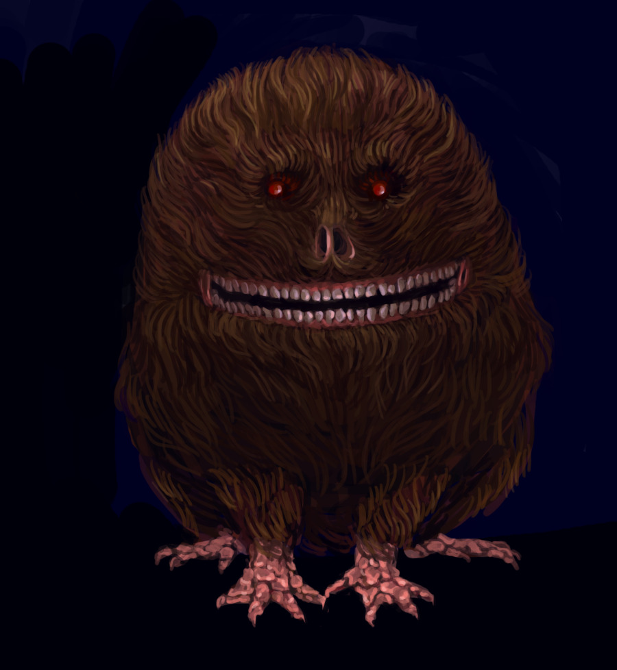 Digital drawing of a creature that is similar to a giant guinea pig, except its face is more humanoid and flat, and it has a huge long mouth full of teeth and red eyes