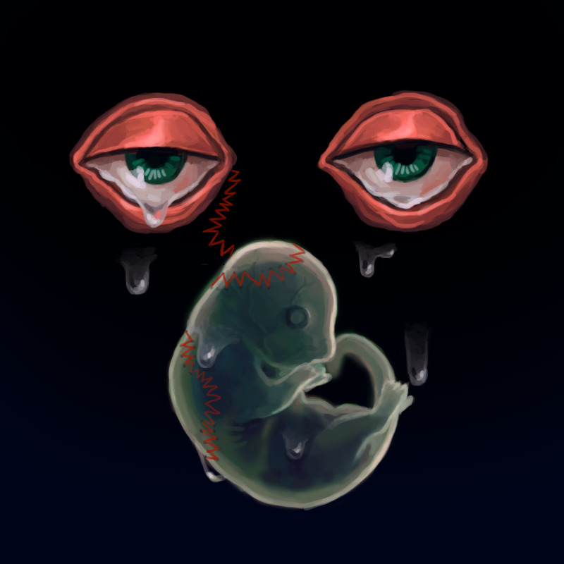 Digital painting on a black background of a pair of doll eyes crying, and below them hovering is a mouse fetus in green