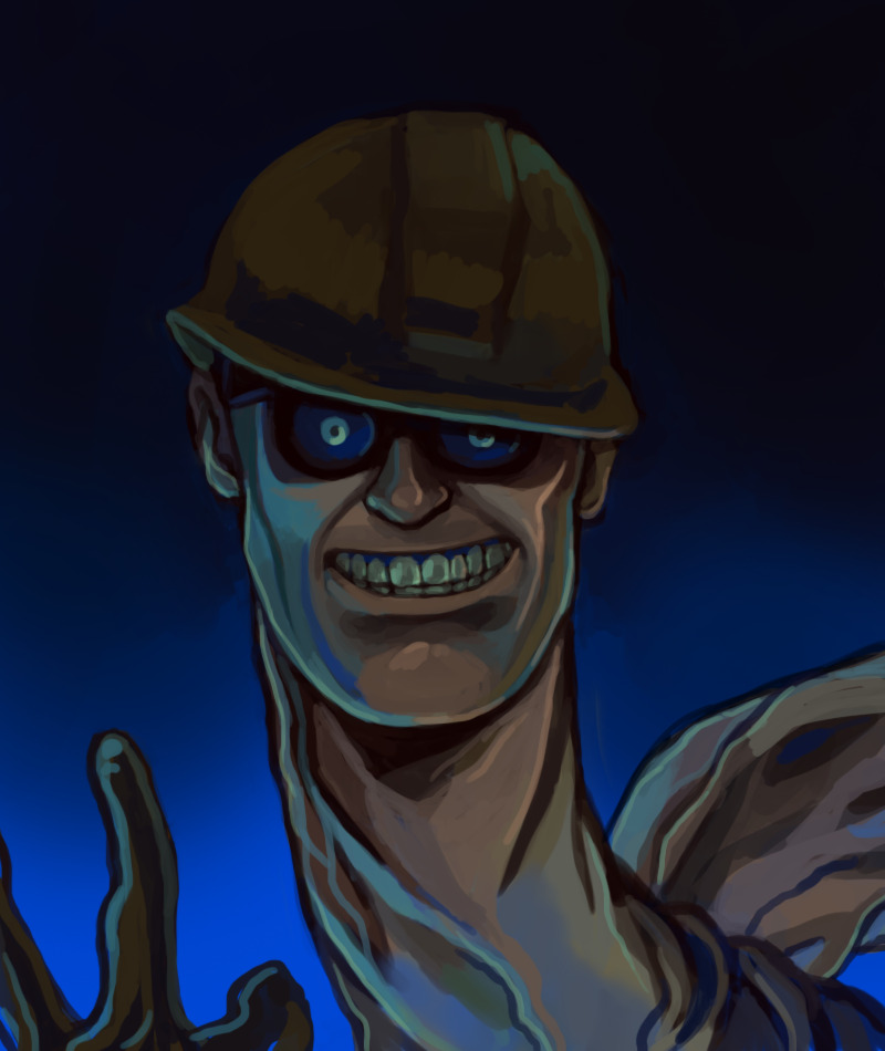 Digital painting of an Odd Engie from TF2. His neck si too long and he's smiling unsettlingly