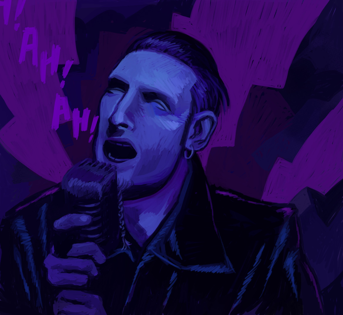 Digital monochrome blue drawing of Lane Staley from the Them Bones music video. He is yelling into a microphone