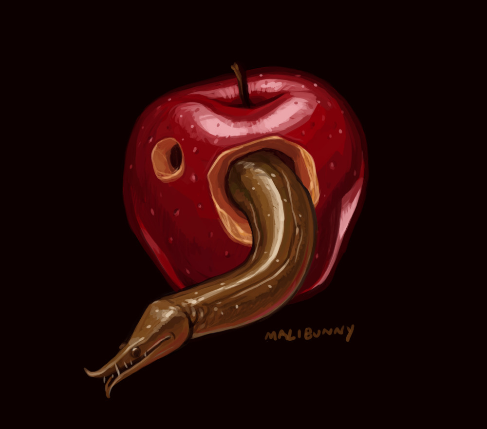 Diigital drawing of an apple with a hole in it where an eel-creature is coming out of