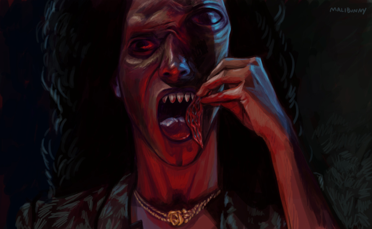 Digital drawing of a woman with one huge, bulging eye and sharp shark teeth holding a piece of flesh up to her mouth