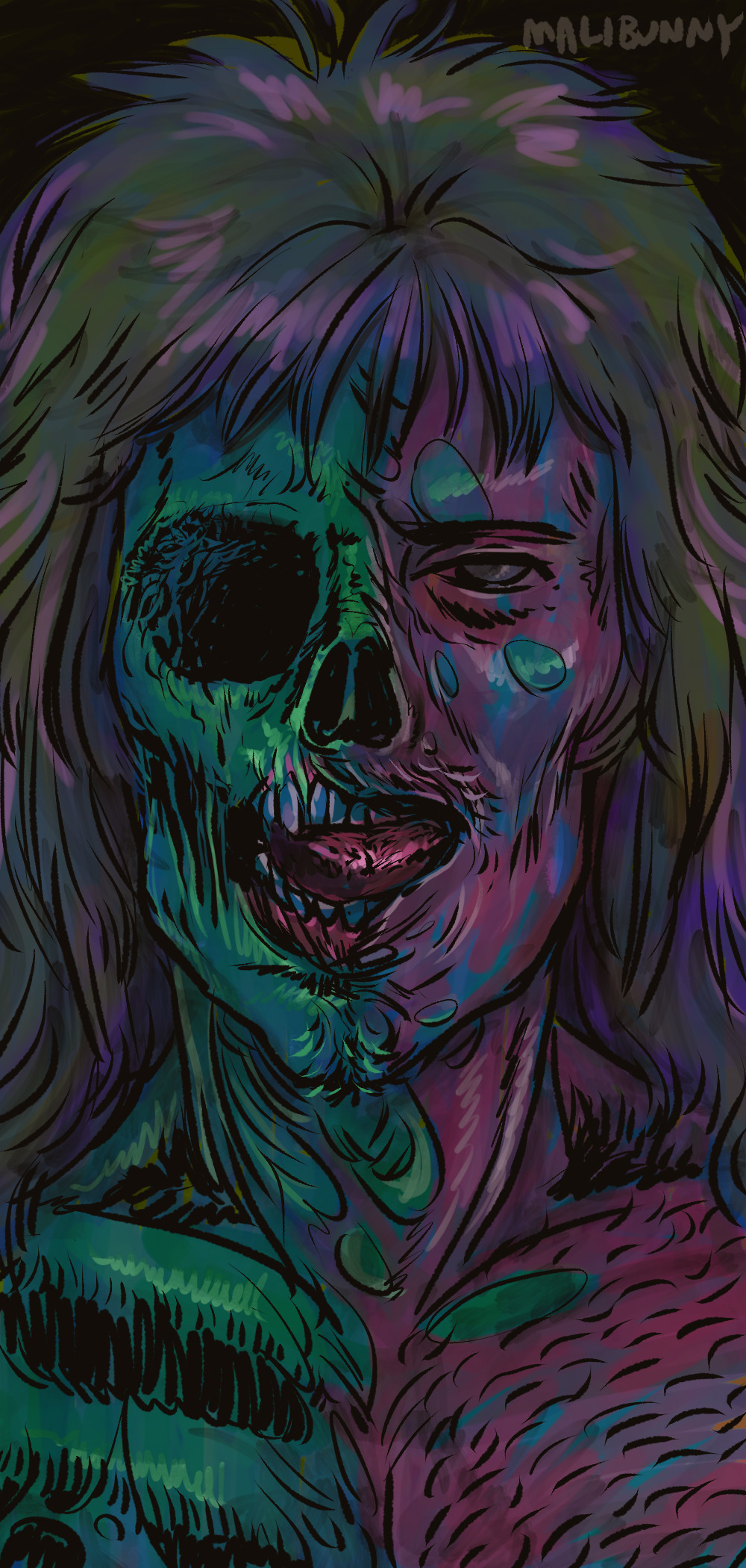 Digital drawing of a zombie's face. It looks like an early 80s glam-rocker with skin missing and a big mullet-esque haircut