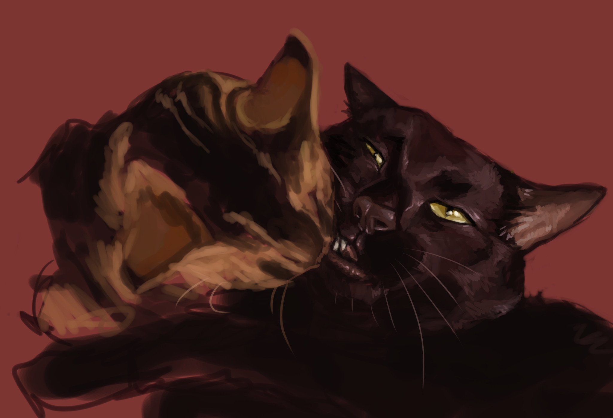 Digital painting of my cats: Cowboy the black cat and Sailor the tabby cat, on a red-brown background. The draing is half-unfinished and shows cowboy making an annoyed face with his tooth visible as Sailor is trying to groom the side of his face.