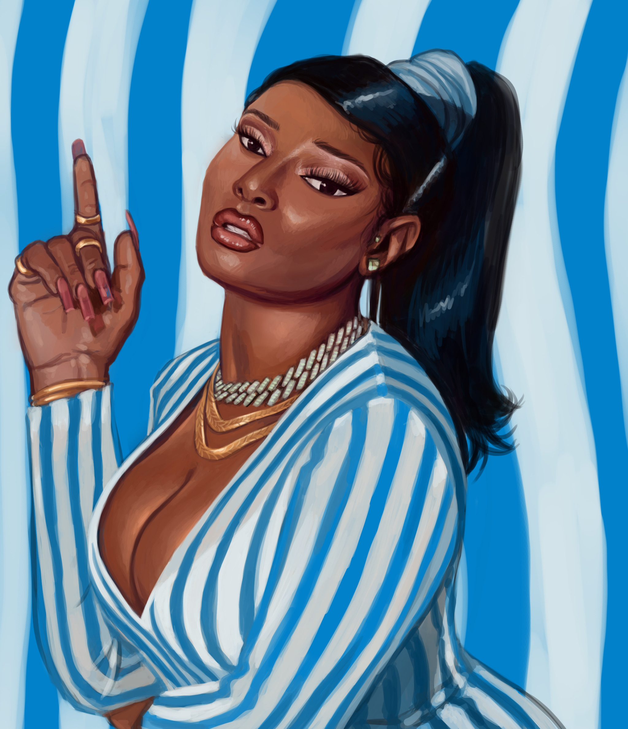 Digital painting of Megan Thee Stallion in a white and blue pinstriped dress in front of a blue and white striped background