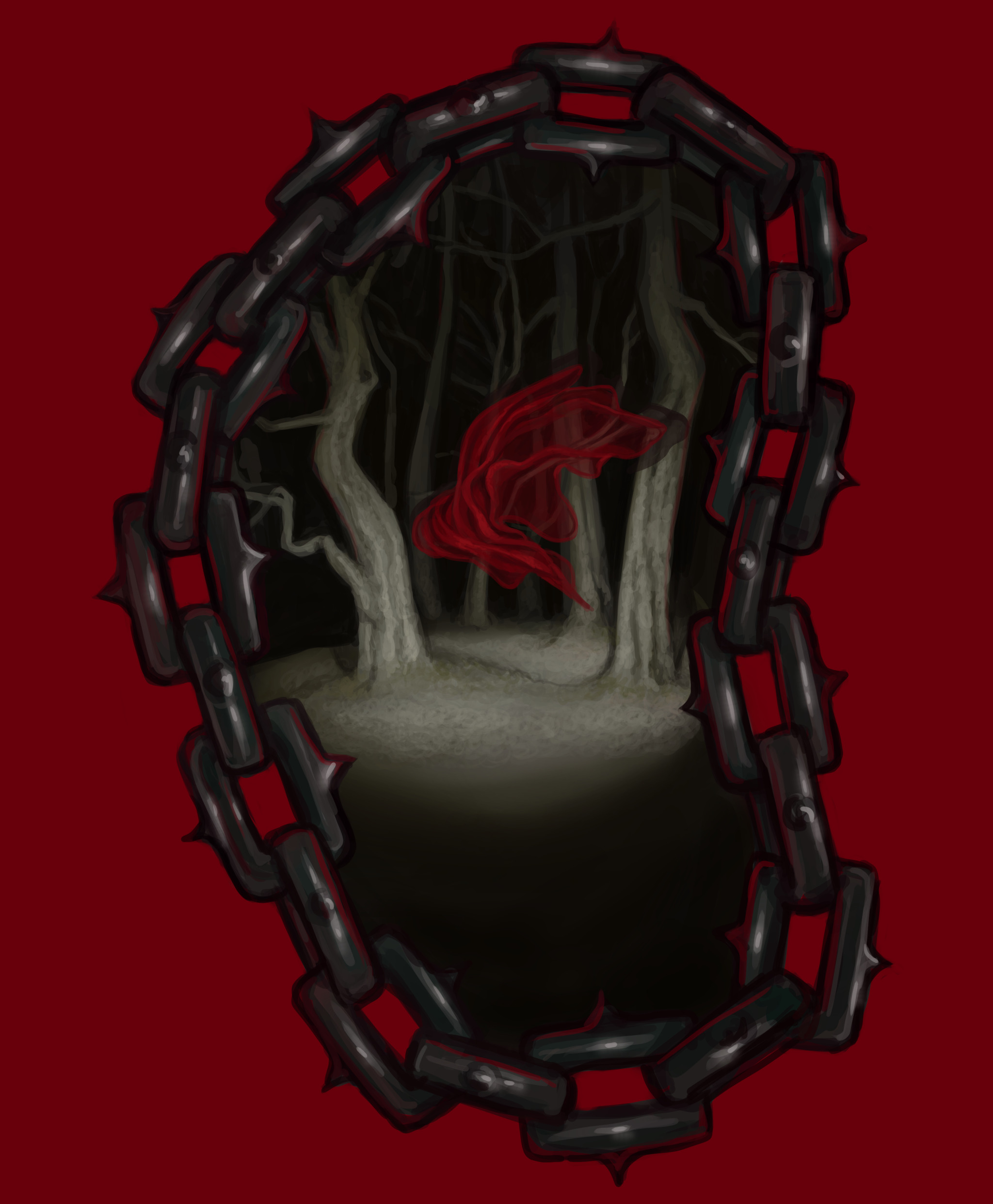 Digital painting of a red background with huge, thick spiked chains in a circle in the middle. Framed in the circle of chains is a scene showing the woods at night, and a red see-through bit of fabric floating in the air in the middle of it