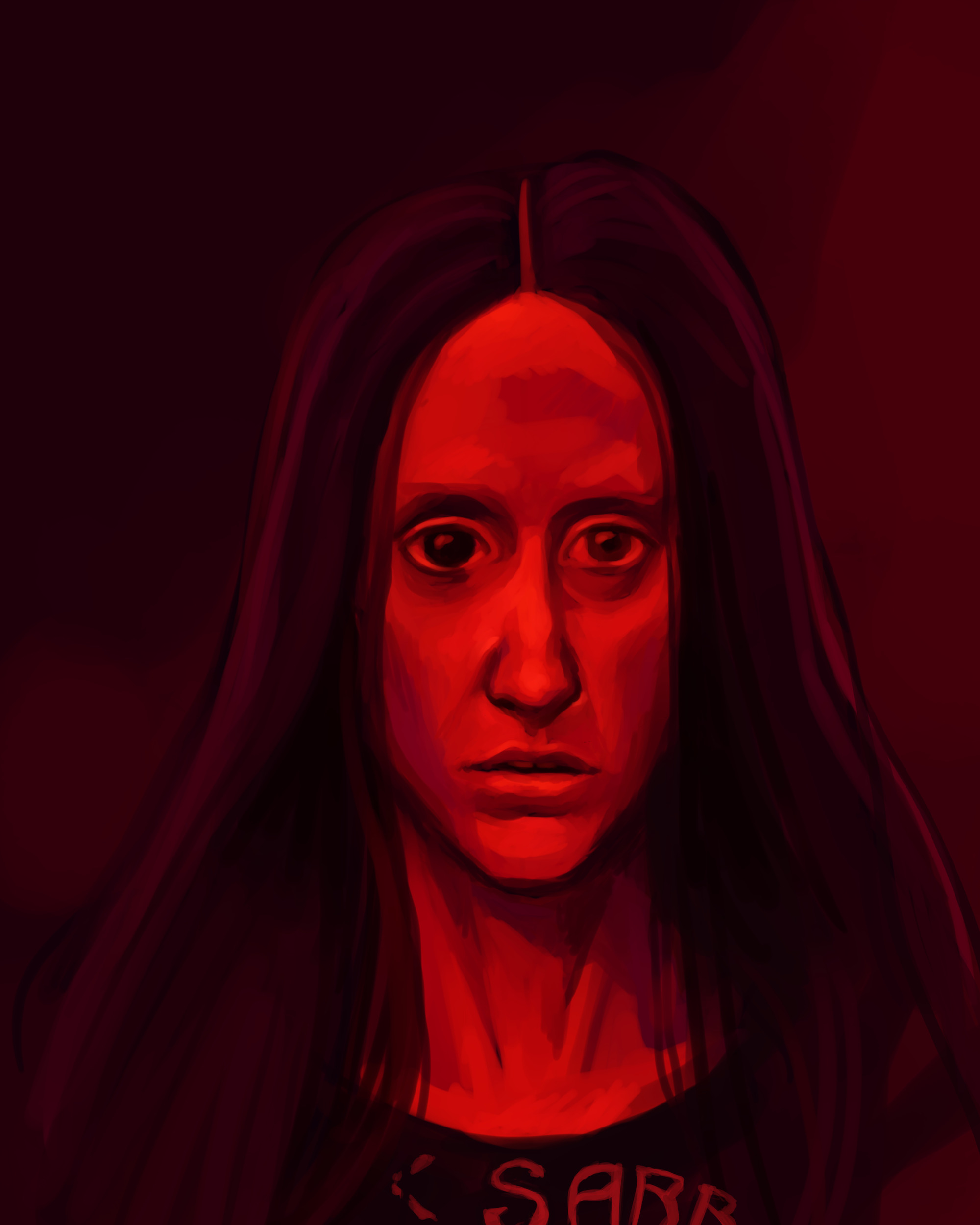 Digital painting Mandy from the movie Mandy. She is a long haired, light skinned woman with pupils two different sizes and a scar on her face.