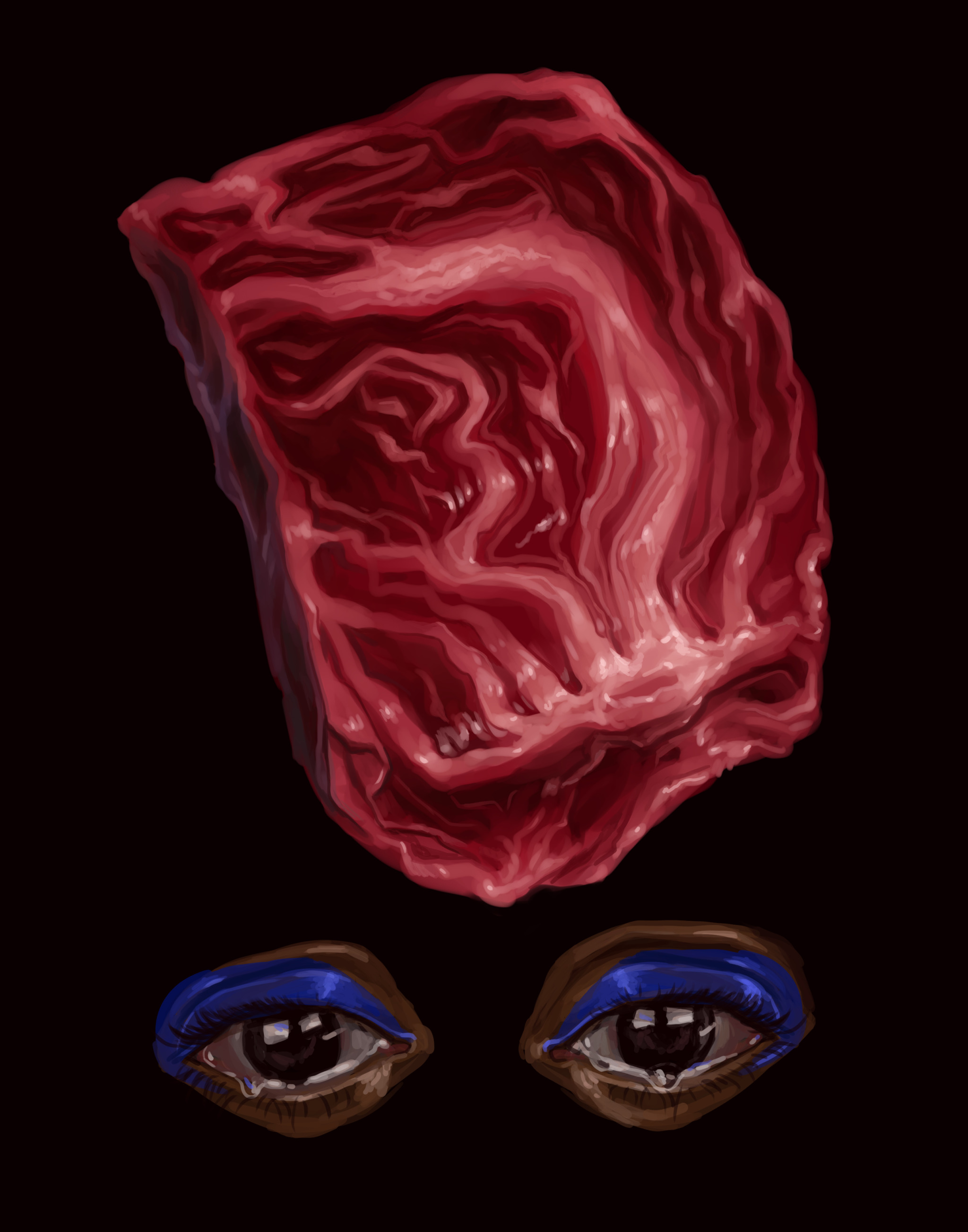 Digital painting of a thick, juicy red meat on a black background, and a pair of eyes floating under it crying.