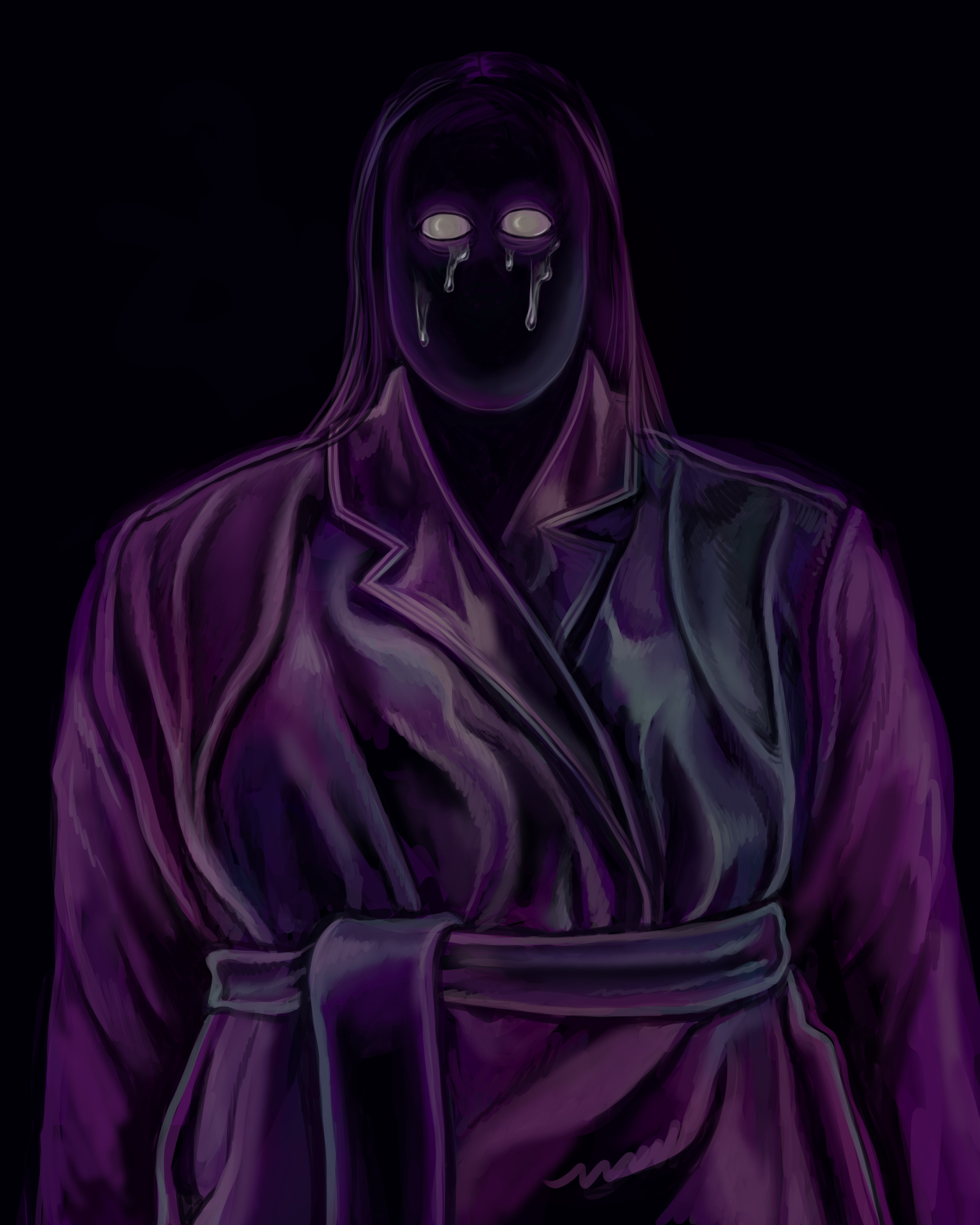 Digital painting on a black background of a figure that is made out of darkness that is shimmering slightly. they have a trench coat on and long hair, and white glowing eyes that are crying tears down their face