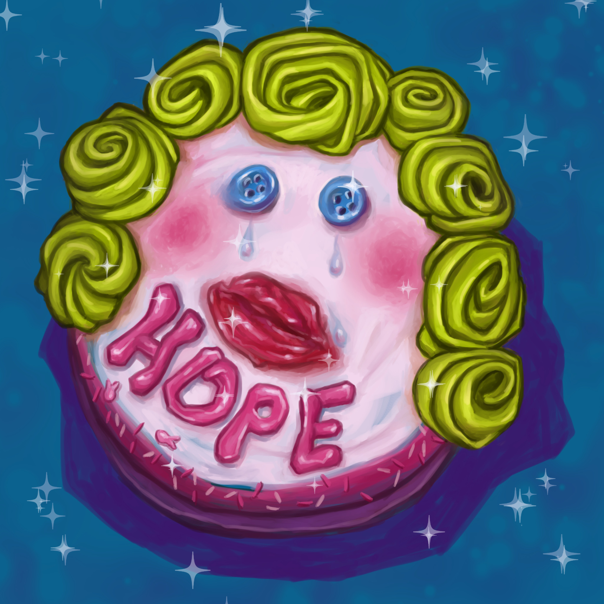 Digital painting of a cake decorated to look like a blonde white woman's face with tears rolling down its cheeks. There are little pink ribbons on it haphazardly placed, and the word Hope is written on the bottom half.