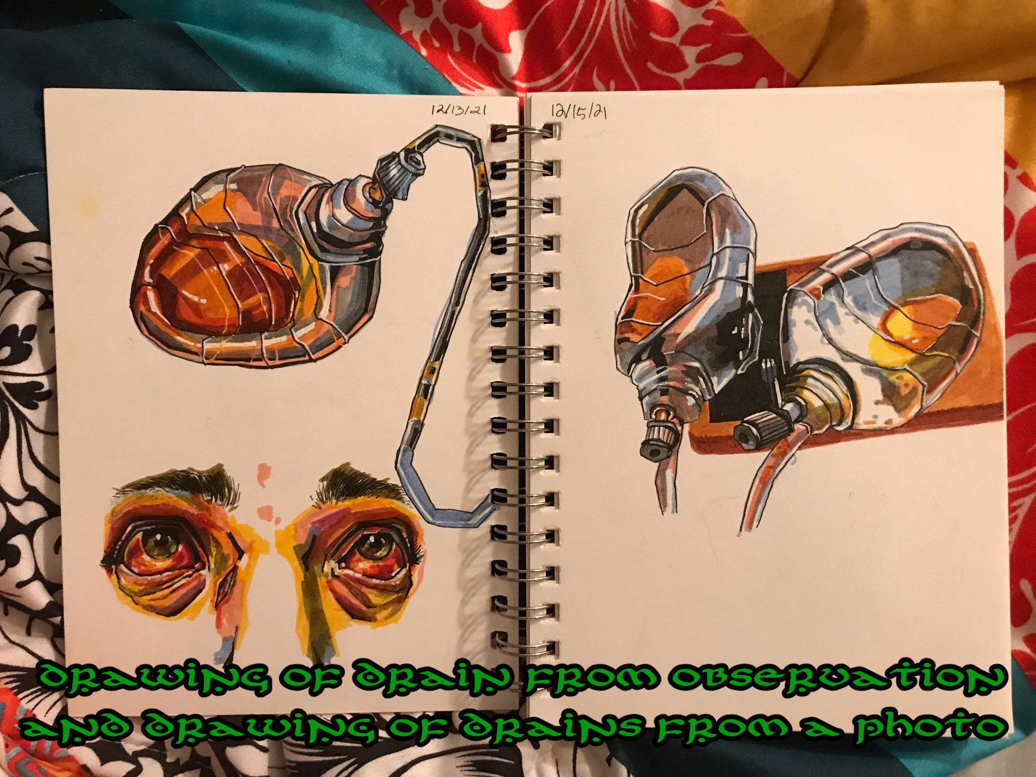 Photo of two sketchbook pages: both are marker dawings of top surgery drains with bloody fluid in them, and one page also has a drawing of bloodshot eyes