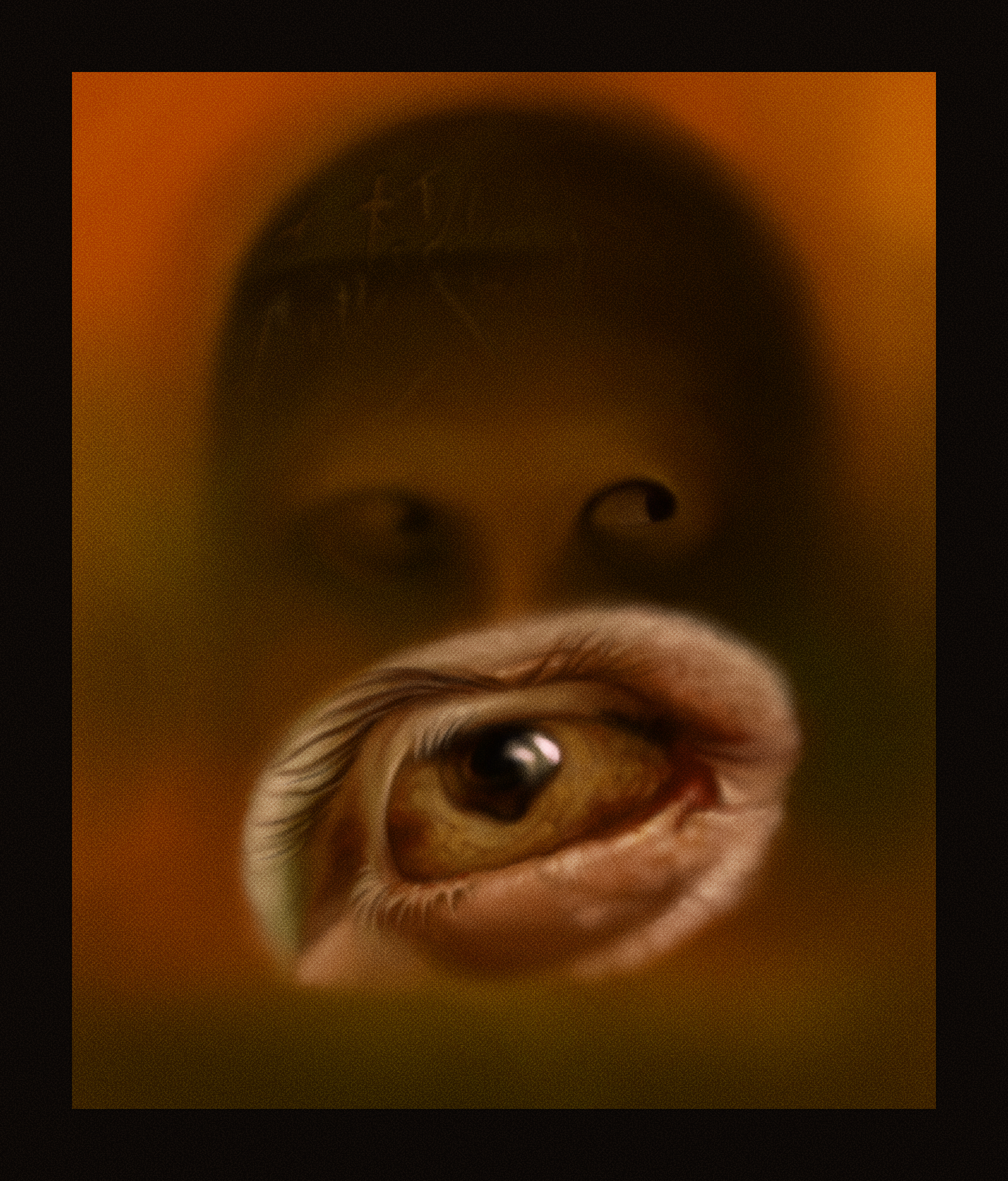 Digital painting of an orange-yellow abstract field with a face hovering on it with few features, and in front of the face is super-imposed a bloodshot eye with strange anatomy. The whole image has a black border around it