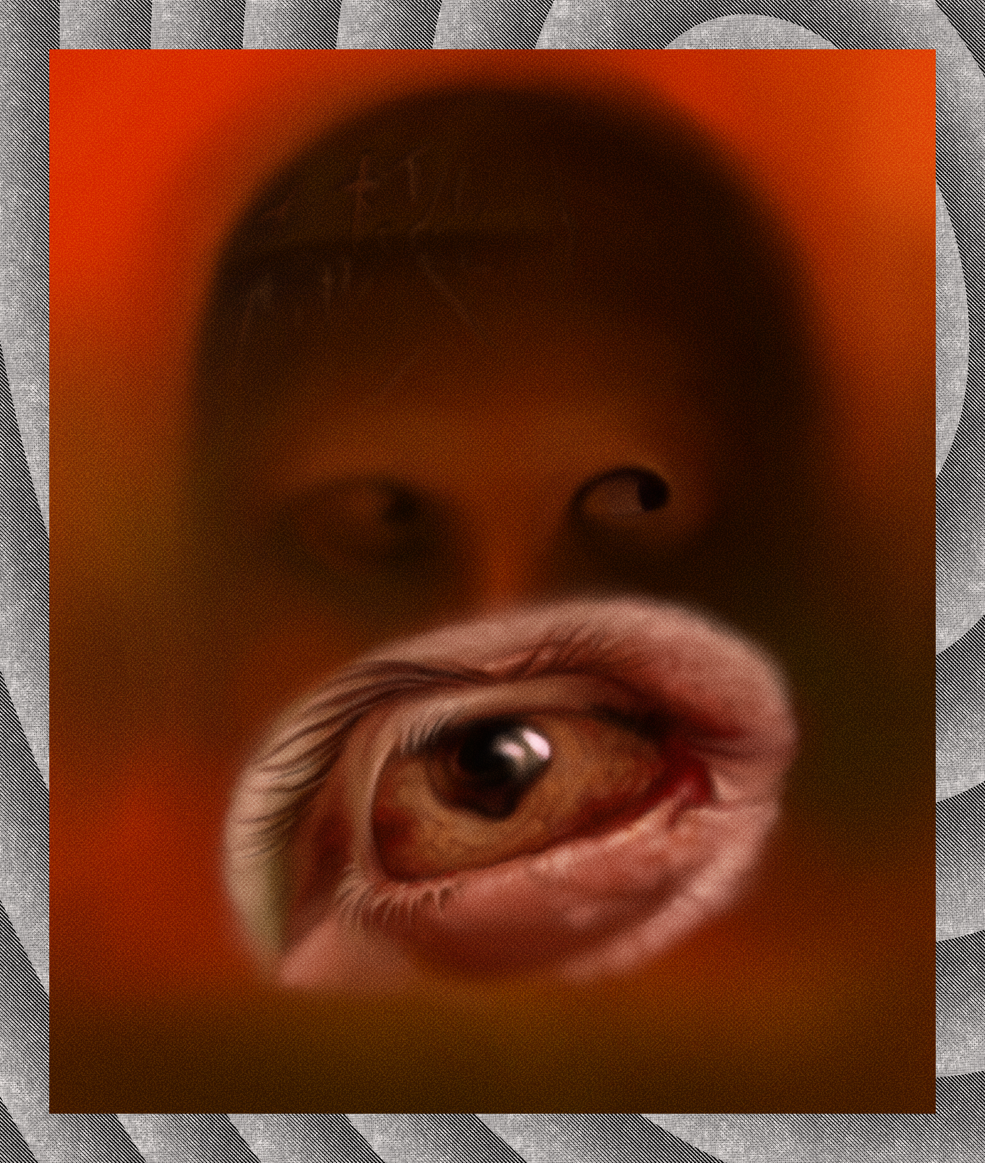 Digital painting of an orange-red abstract field with a face hovering on it with few features, and in front of the face is super-imposed a bloodshot eye with strange anatomy. There is a border around the image that is a radial gradient of dots