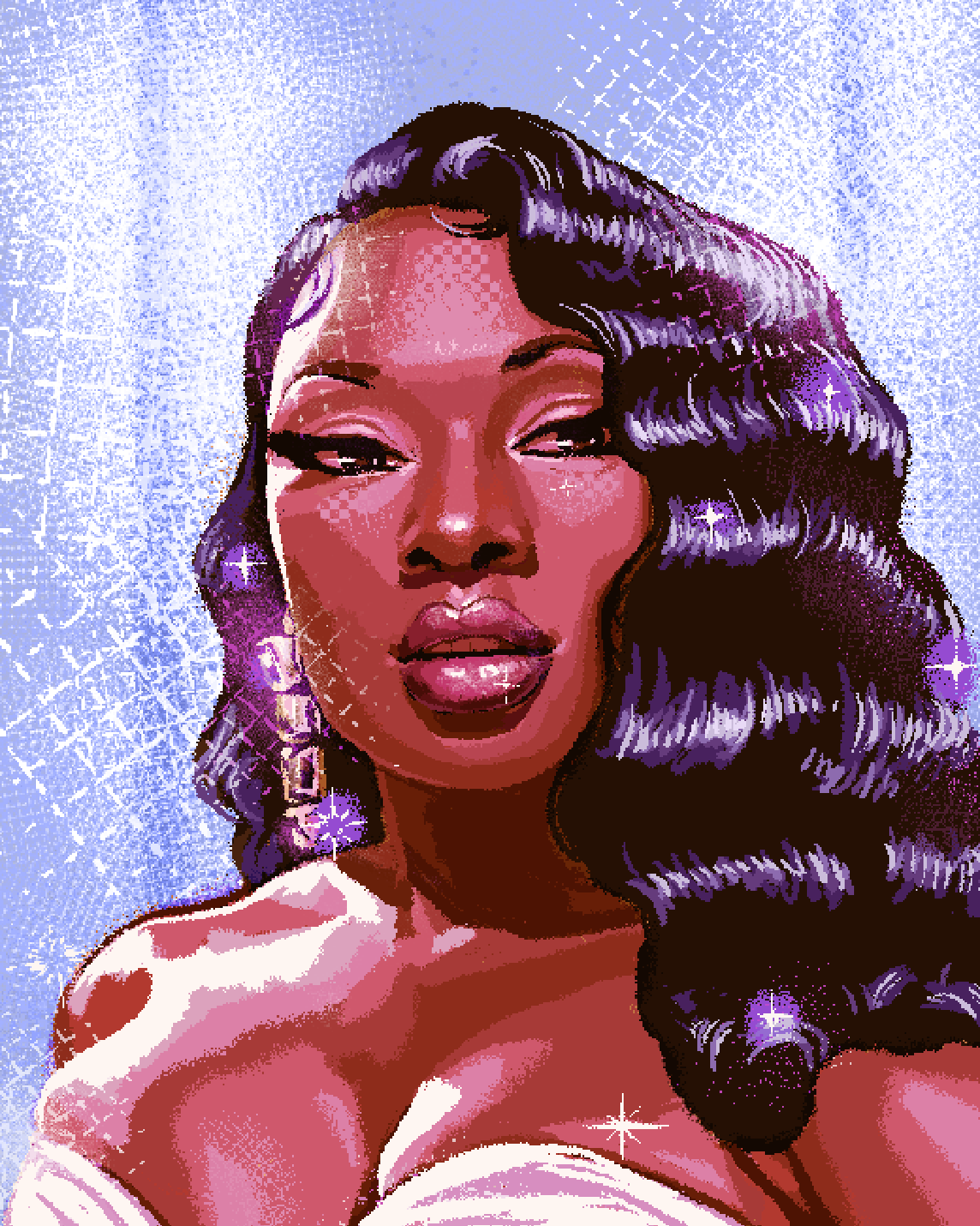 Pixel art portrait of Megan Thee Stallion. She is wearing a white strapless dress and her hair is long wavy and black. The color palette is blue, lavender, purple, and a soft orange for her skin tone.