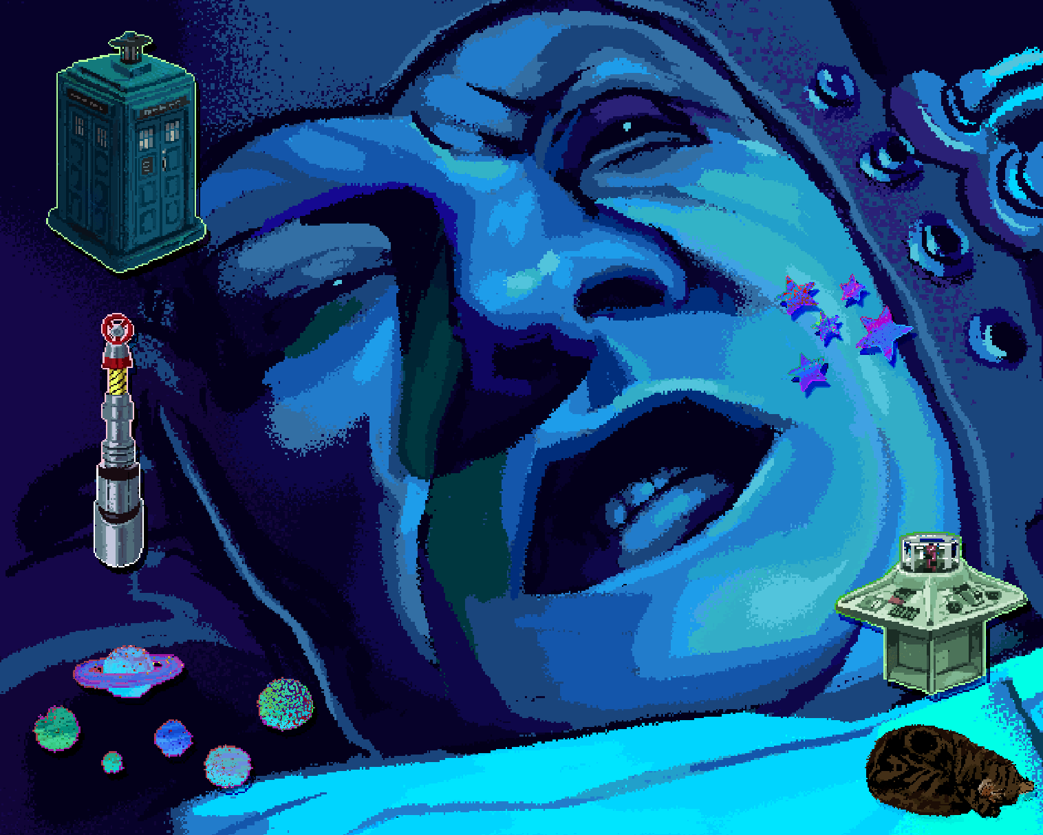 Pixel art drawing from the Doctor Who episode 'Ambassadors of Death'. It shows a blue-tinted scene of a closeup of the third Doctor's face as he is traveling into space via a 1969 British rocket. He is making a face of slight pain. There are also fake 'stickers' on top of the image showing stars, planets, the TARDIS, the TARDIS console, my cat sailor the tabby sleeping, and the sonic screwdriver.