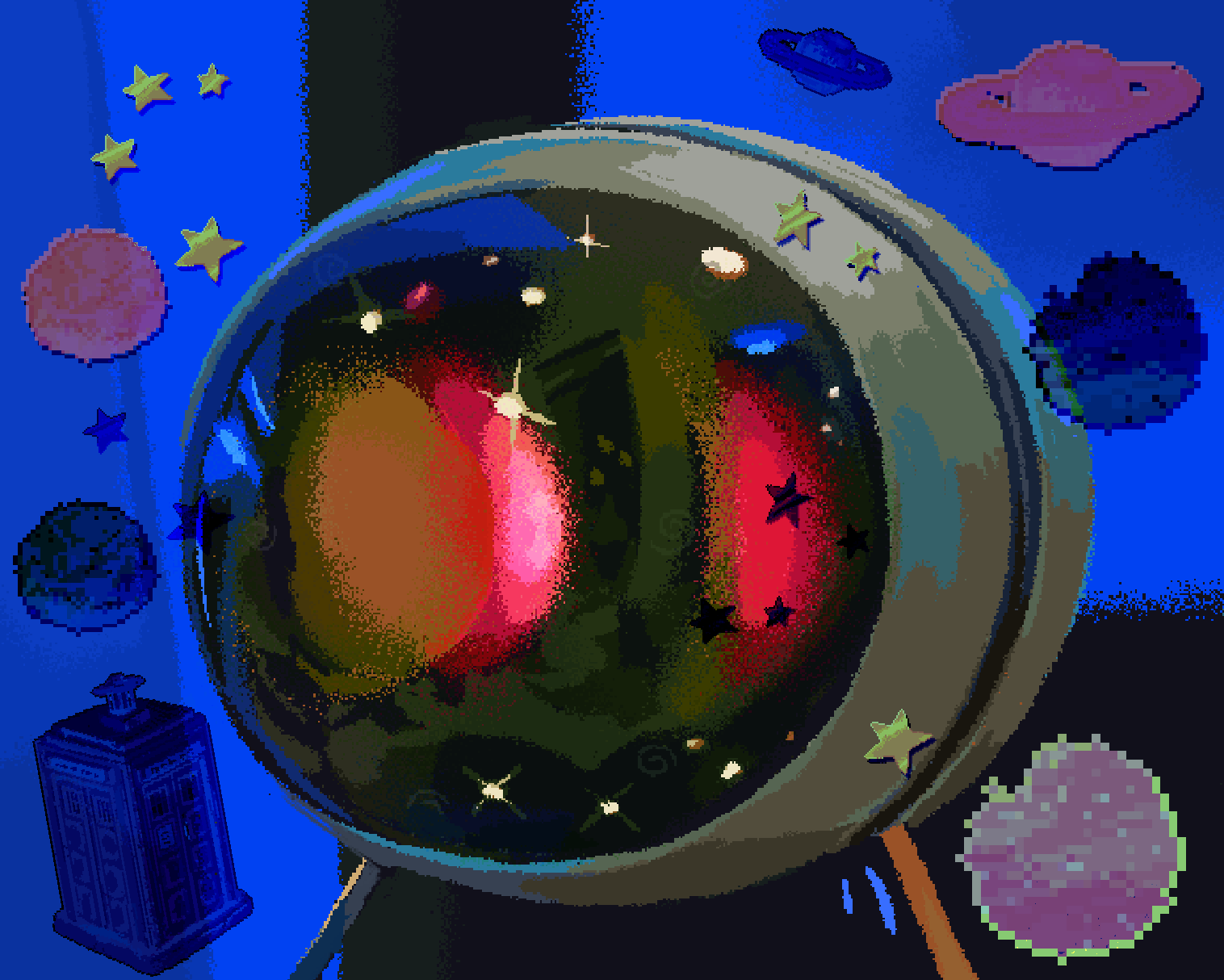 Pixel art drawing from the Doctor Who episode 'Ambassadors of Death'. It shows a television-like device that is round and has orange and red lights dancing in it, and it is also reflecting the room in front of it. There are also fake 'stickers' on top of the image showing stars, planets, and the TARDIS.