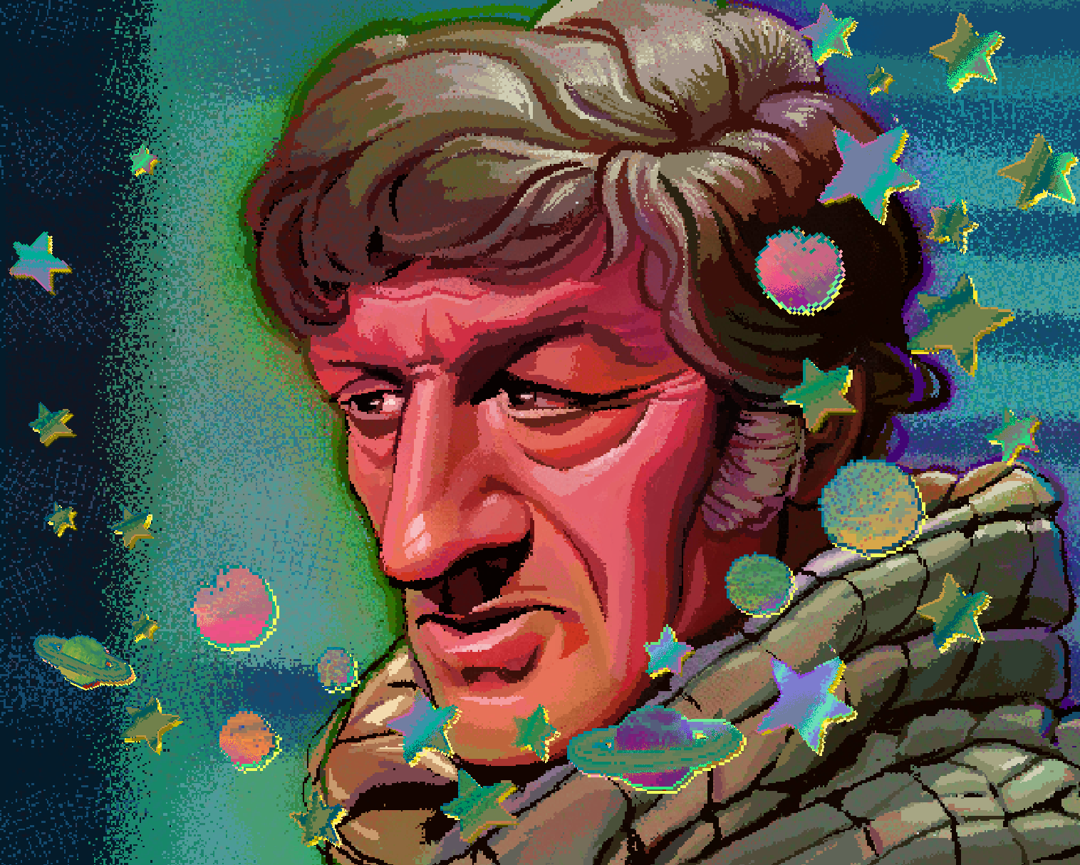 Pixel art drawing from the Doctor Who episode 'Ambassadors of Death'. It shows the third Doctor looking angry in a space suit as he looks off screen. He has wavy gray hair and sideburns, and in this drawing his skin looks orange. There are also fake 'stickers' on top of the image showing stars, planets, and the sonic screwdriver.